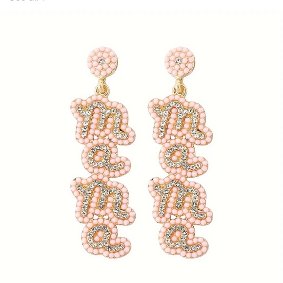 Mama pink seed beads and clear rhinestones drop earrings baby girl baby shower - Picture 3 of 3